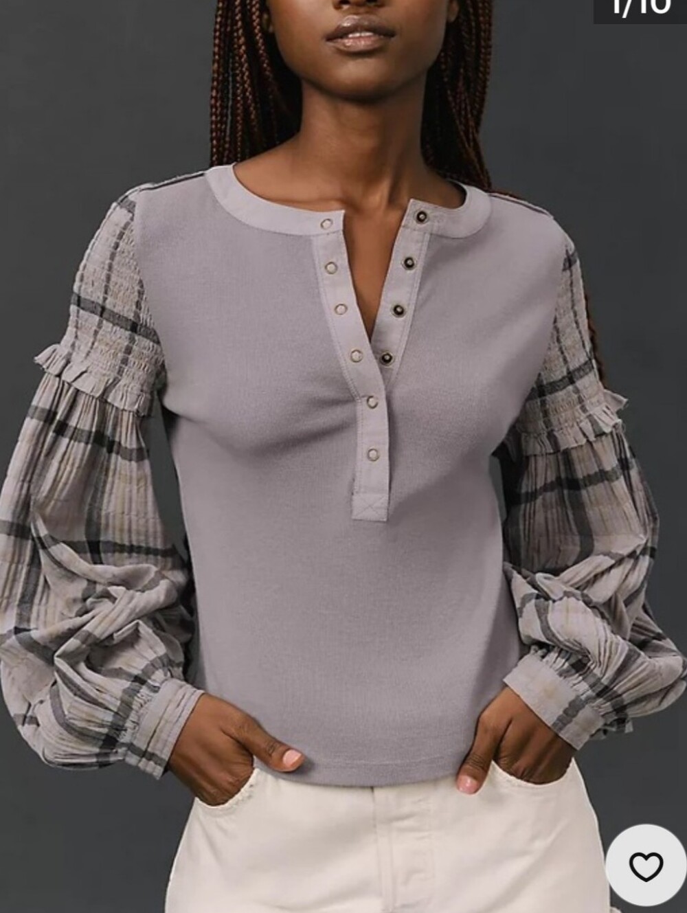 Anthropologie Pilcro Andie Plaid Henley Top L Balloon Sleeve Boho Blouse Peasant